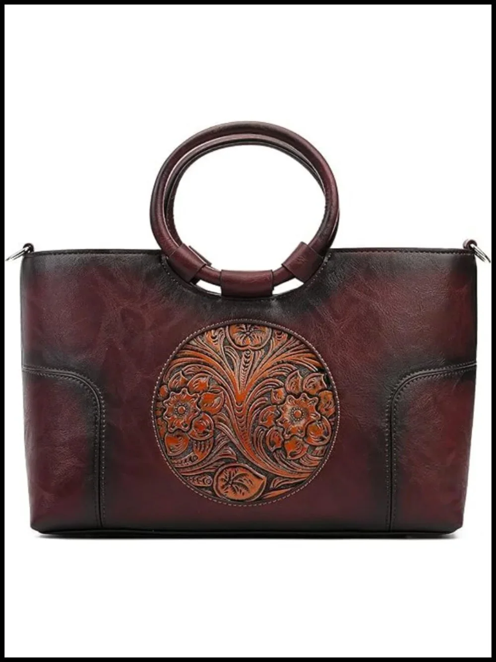 Vintage Faux Leather Satchel Tote Handbag with Detachable Strap